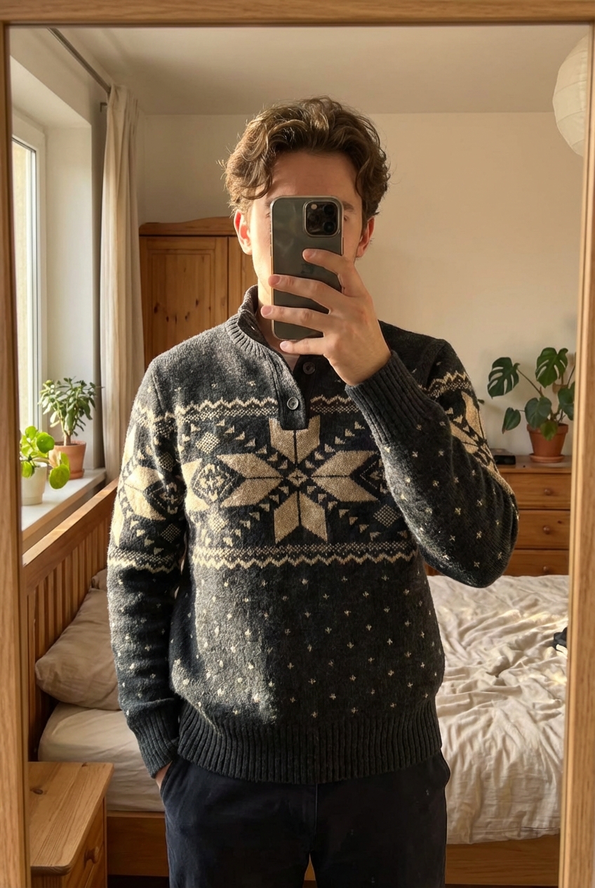 Pull Nordique American Eagle Sweater Y2K athenic patern Vintage Viscose et Coton Beige Bleu S debout, face à la caméra, dans une chambre à la lumière douce, avec une lumière naturelle filtrant par la fenêtre.