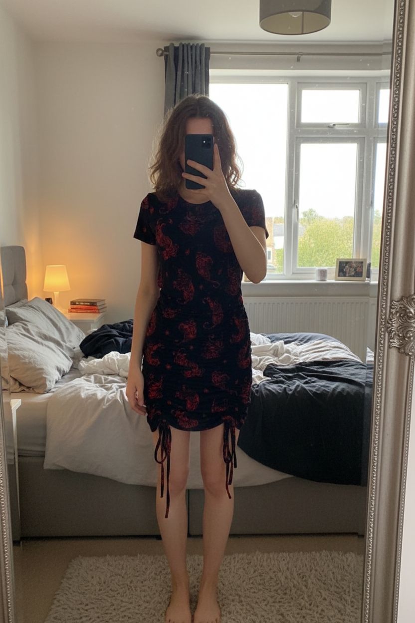 H&M black tiger print ruched bodycon dress UK S gothic alt streetwear standing straight facing the camera, in a softly lit bedroom setting, with gentle natural light filtering through a window.