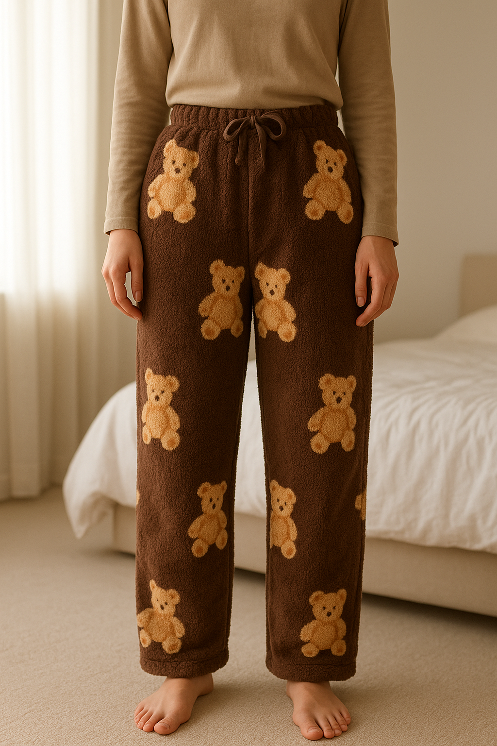 Pantalon, jogging, tout doux nounours t L debout, face à la caméra, dans une chambre à la lumière douce, avec une lumière naturelle filtrant par la fenêtre.