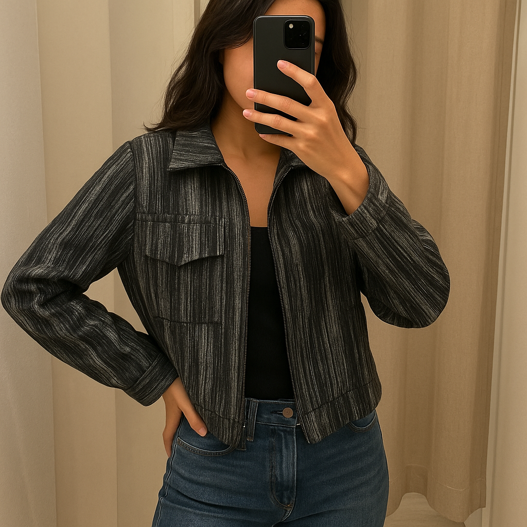 Une personne en Blazer gris à lignes mélange laine cambrant légèrement le dos pour une pose dynamique, dans une cabine d’essayage de style boutique avec un miroir et une décoration neutre.