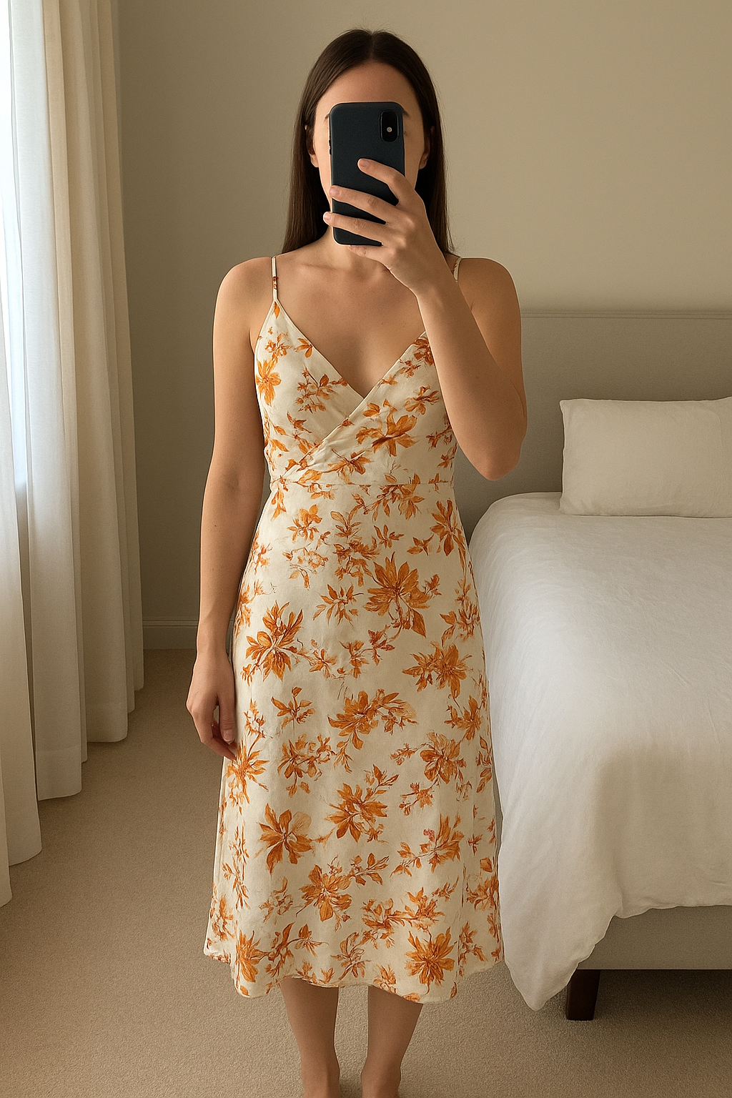 In the style orange floral crawl neck dress size 10 standing straight facing the camera, in a softly lit bedroom setting, with gentle natural light filtering through a window.