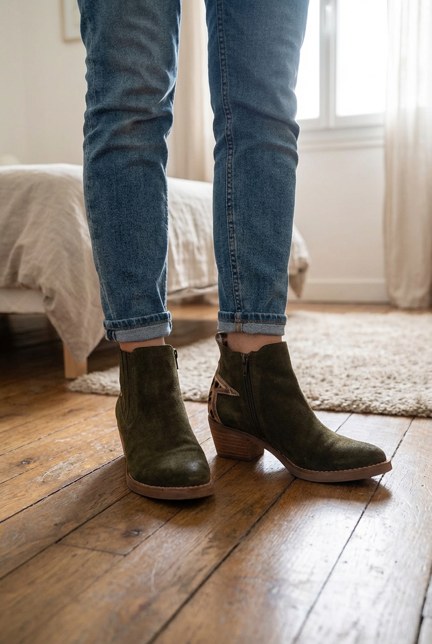 Bottines MKD cuir velours, T35 debout, face à la caméra, dans une chambre à la lumière douce, avec une lumière naturelle filtrant par la fenêtre.