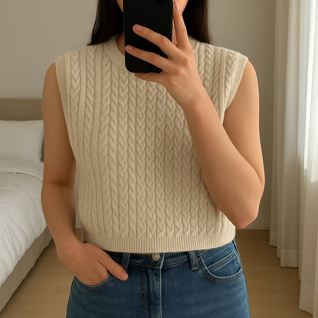 Top court en maille Zara beige S - Maglione Zara panciotti S in piedi, rivolto verso la fotocamera, in una camera da letto con luce soffusa e luce naturale che filtra dalla finestra.