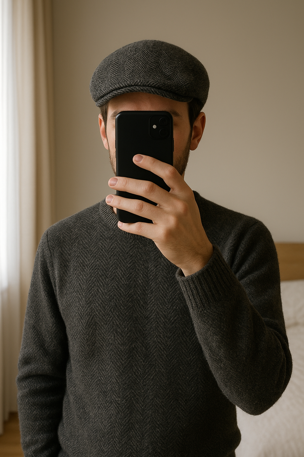 Béret gris debout, face à la caméra, dans une chambre à la lumière douce, avec une lumière naturelle filtrant par la fenêtre.