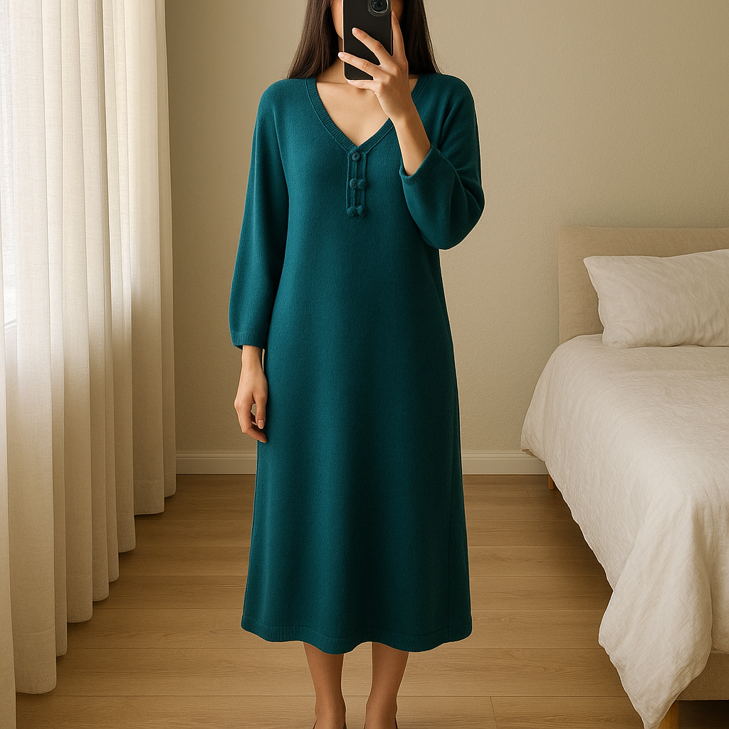 Neuve Robe pull vert Sapin rétro 60's vibes - Camaieu - M debout, face à la caméra, dans une chambre à la lumière douce, avec une lumière naturelle filtrant par la fenêtre.