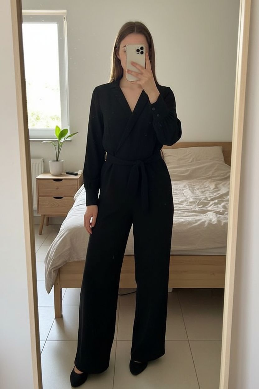 Combinaison Only noire 36 debout, face à la caméra, dans une chambre à la lumière douce, avec une lumière naturelle filtrant par la fenêtre.