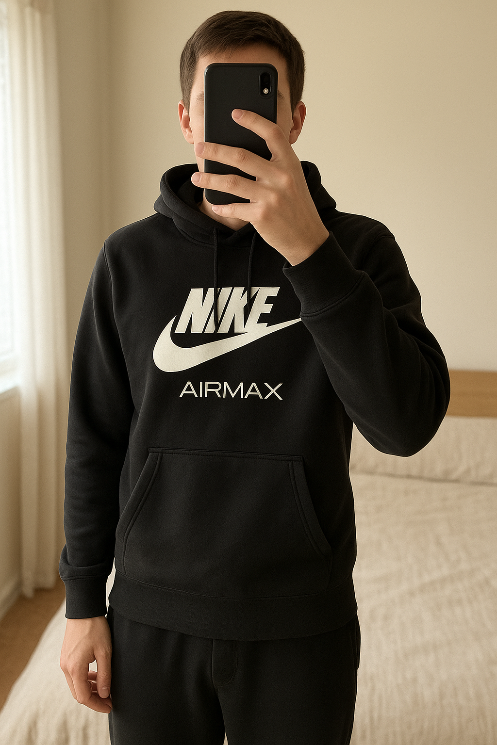 Pull Nike air max pour enfants debout, face à la caméra, dans une chambre à la lumière douce, avec une lumière naturelle filtrant par la fenêtre.
