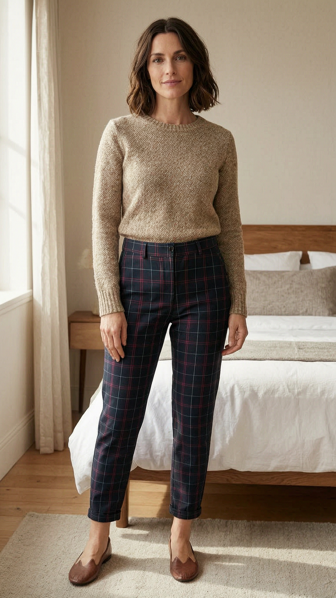 Trousers tartan by next size 10 standing straight facing the camera, in a softly lit bedroom setting, with gentle natural light filtering through a window.