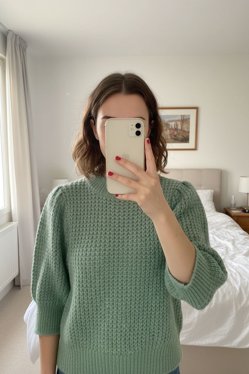 Pull Plume Paris vert sauge – manches courtes – T S debout, face à la caméra, dans une chambre à la lumière douce, avec une lumière naturelle filtrant par la fenêtre.