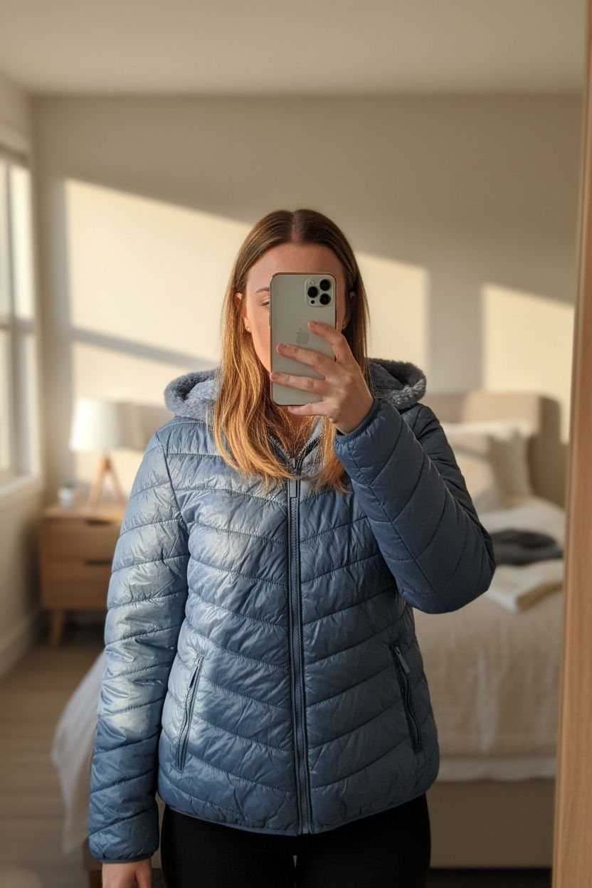 Doudoune fourrée monte cervino debout, face à la caméra, dans une chambre à la lumière douce, avec une lumière naturelle filtrant par la fenêtre.