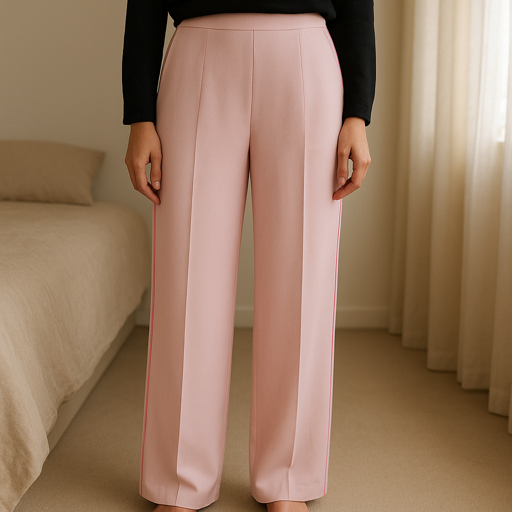 Magnifique, pantalon fluide# impérial L/XL debout, face à la caméra, dans une chambre à la lumière douce, avec une lumière naturelle filtrant par la fenêtre.