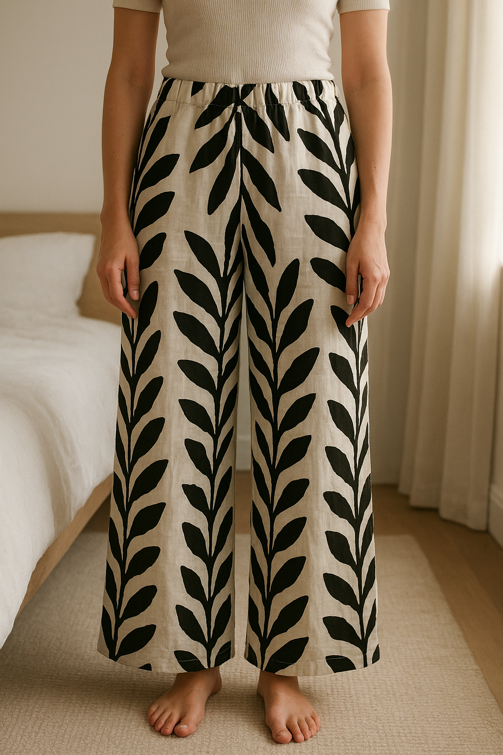 Pantalon flare à motifs debout, face à la caméra, dans une chambre à la lumière douce, avec une lumière naturelle filtrant par la fenêtre.