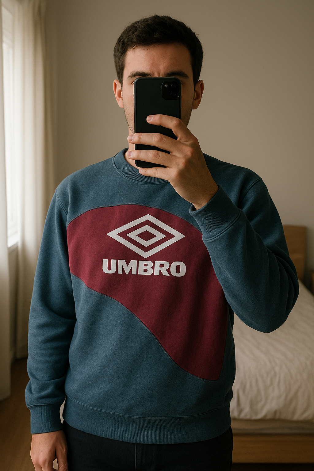 Umbro Sudadera Vintage 90s Hombre M Gris Rojo – Retro Old School Logo Grande Streetwear de pie, mirando a la cámara, en un dormitorio con luz suave y natural filtrándose por la ventana.