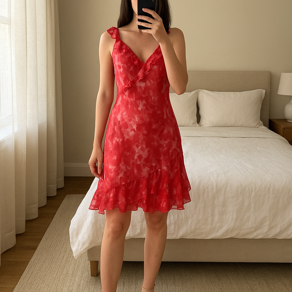 Robe rouge et blanc neuf debout, face à la caméra, dans une chambre à la lumière douce, avec une lumière naturelle filtrant par la fenêtre.