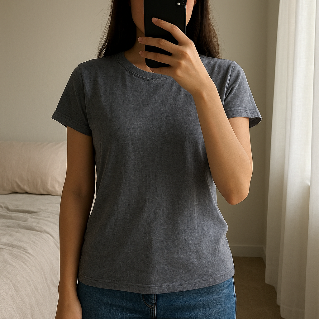 T-shirt basique gris chiné - Taille S - fsbnsister debout, face à la caméra, dans une chambre à la lumière douce, avec une lumière naturelle filtrant par la fenêtre.