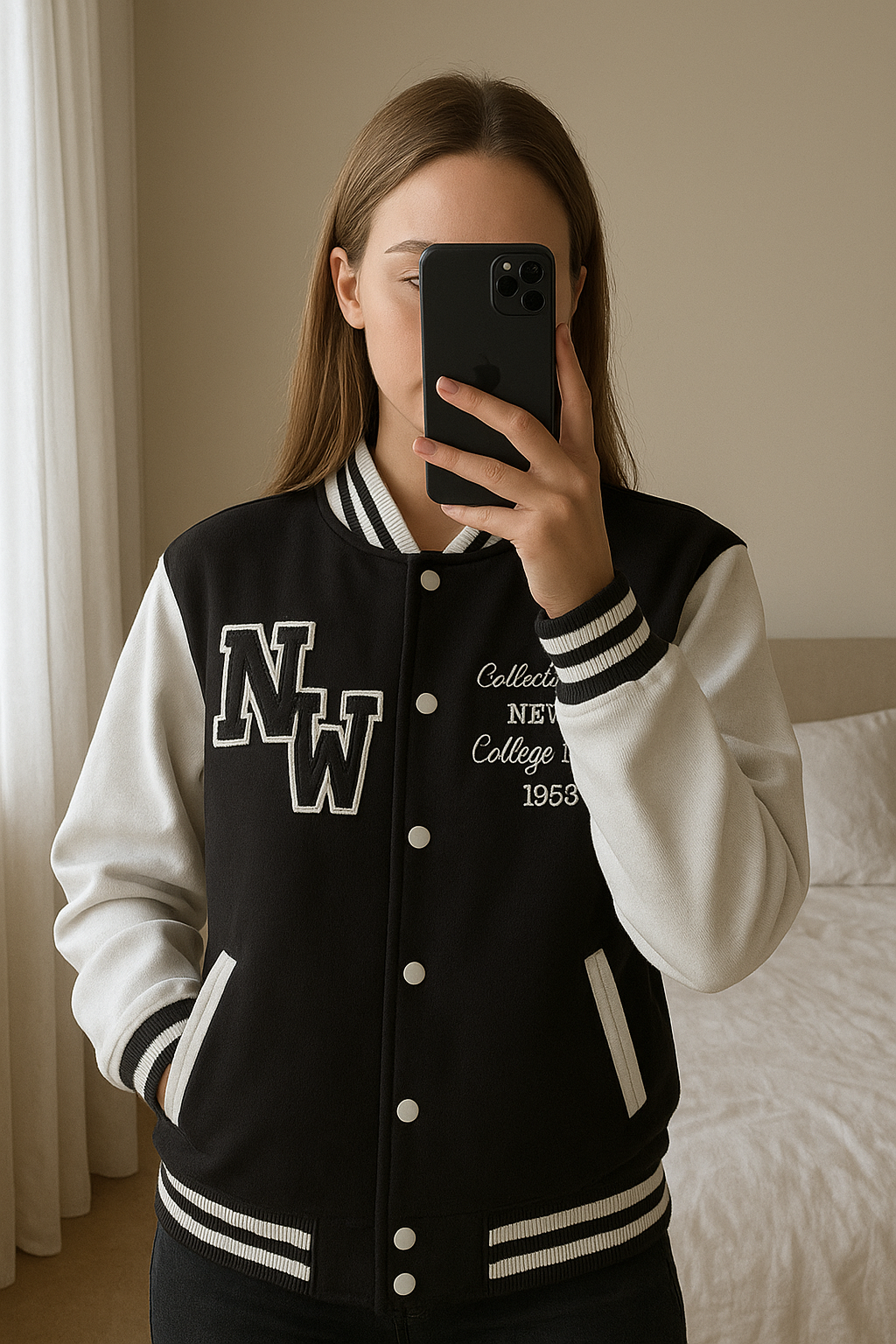 Varsity Jacket Coat - Boohoo - size 14 standing straight facing the camera, in a softly lit bedroom setting, with gentle natural light filtering through a window.