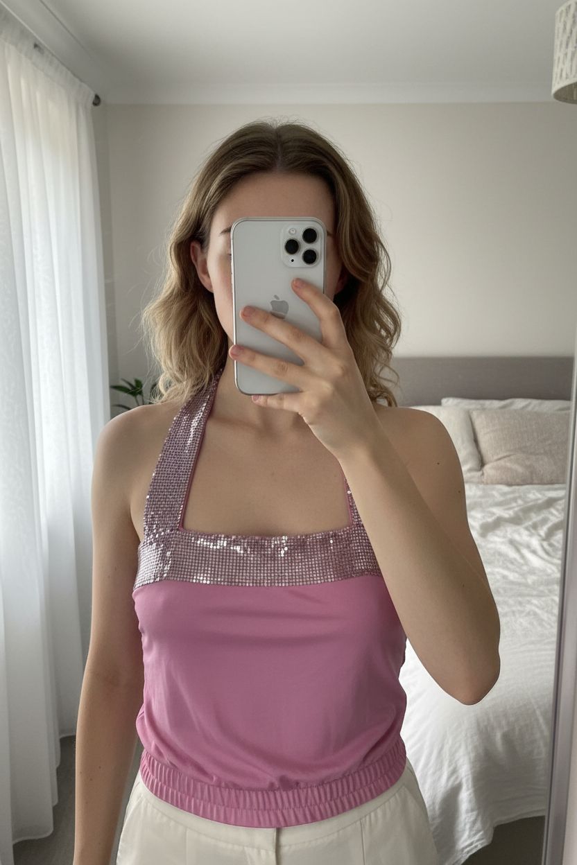 Vintage Y2K river island old label pink sequin halterneck cami top standing straight facing the camera, in a softly lit bedroom setting, with gentle natural light filtering through a window.