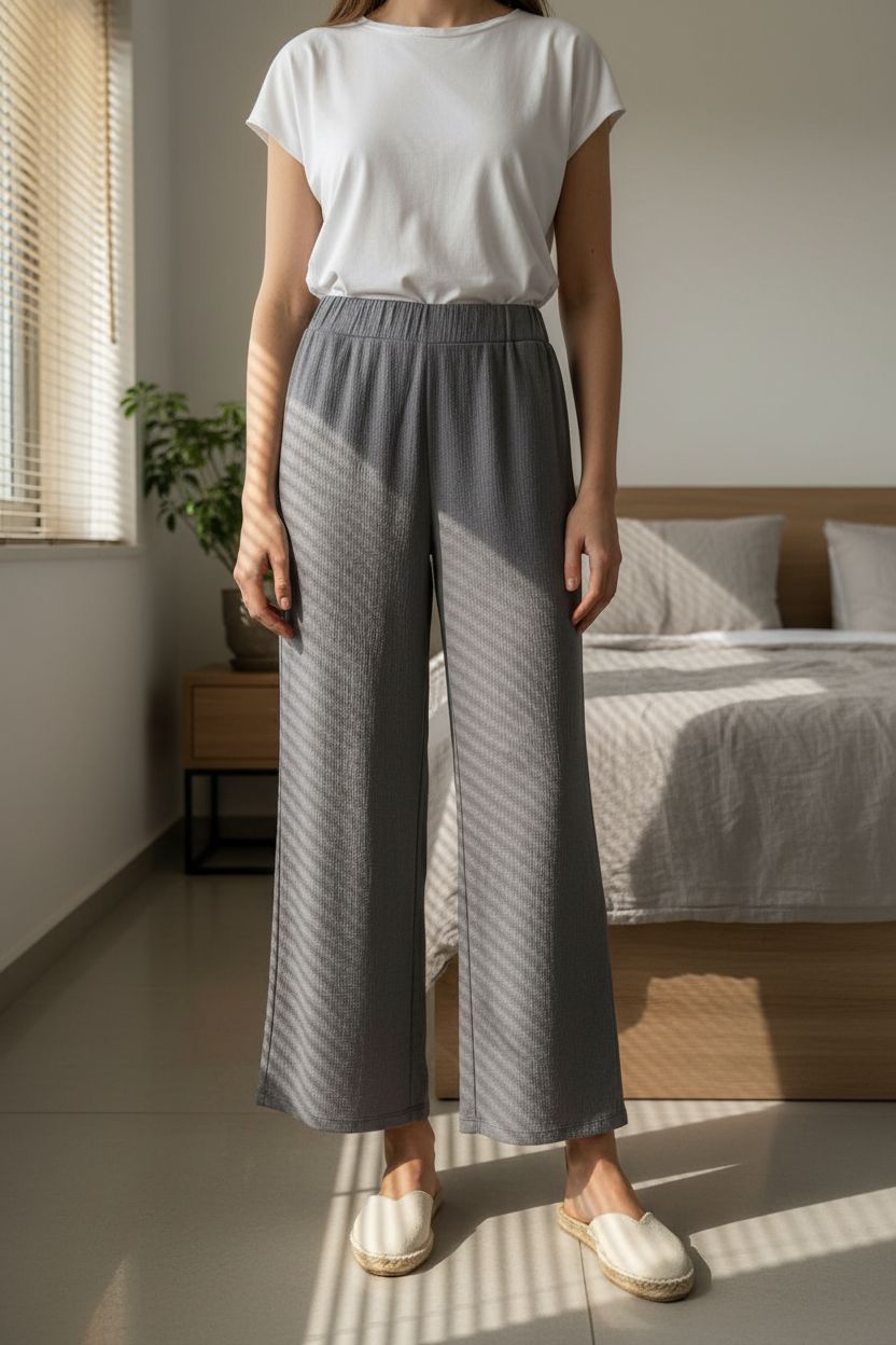 Pantalon évasé fluide d’été gris Koton taille M debout, face à la caméra, dans une chambre à la lumière douce, avec une lumière naturelle filtrant par la fenêtre.