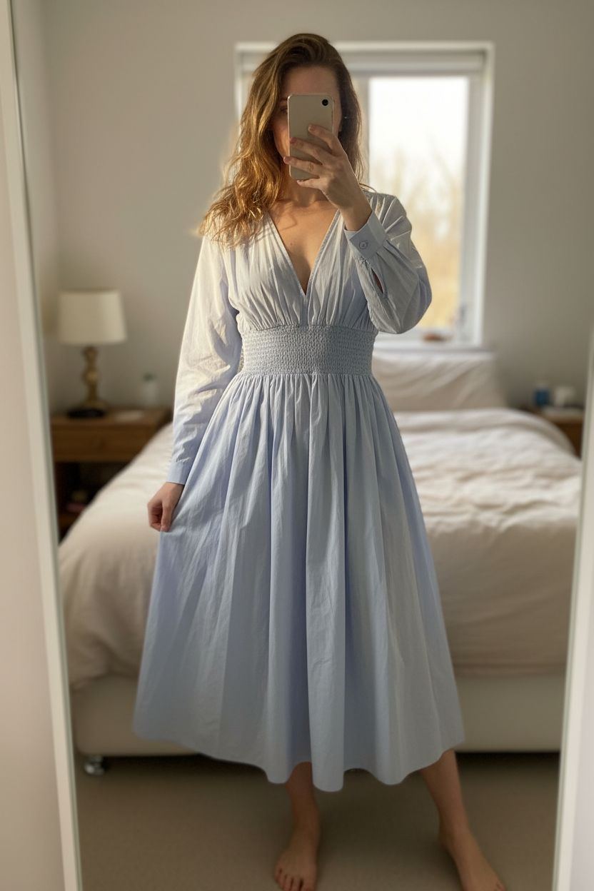 Robe bleu clair Zara debout, face à la caméra, dans une chambre à la lumière douce, avec une lumière naturelle filtrant par la fenêtre.