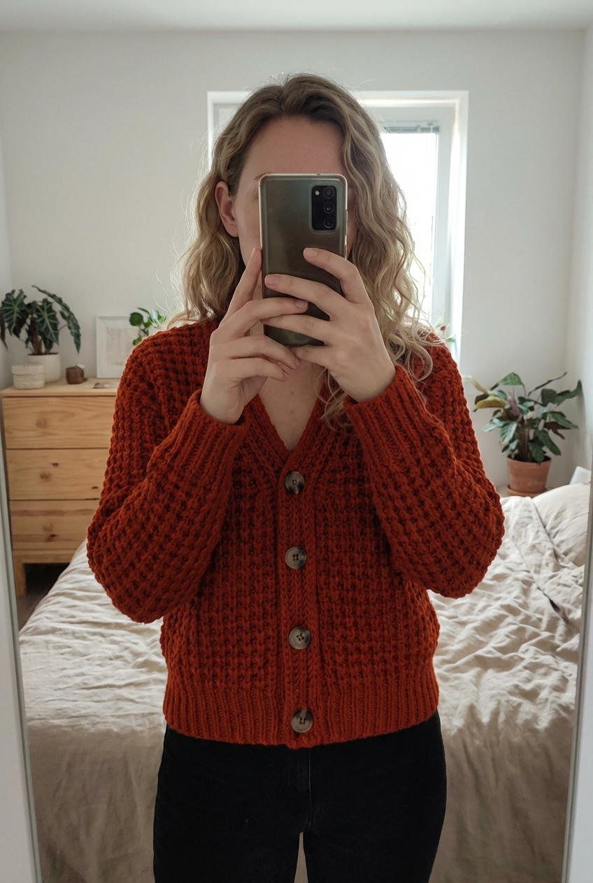 Gilet cardigan maille ajourée – Esmara debout, face à la caméra, dans une chambre à la lumière douce, avec une lumière naturelle filtrant par la fenêtre.