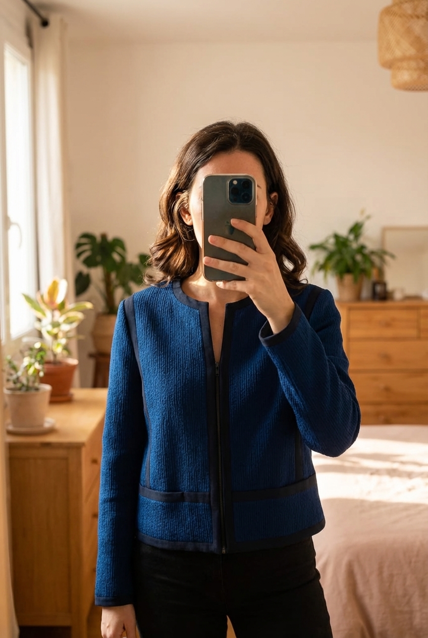 Veste Sandro T40 debout, face à la caméra, dans une chambre à la lumière douce, avec une lumière naturelle filtrant par la fenêtre.