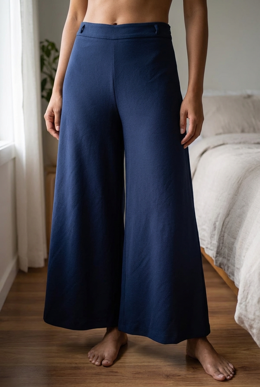 Una persona con Falda midi crepe azul marino Zara S de pie, mirando a la cámara, con tipo de cuerpo delgado, en un dormitorio con luz suave y natural filtrándose por la ventana.