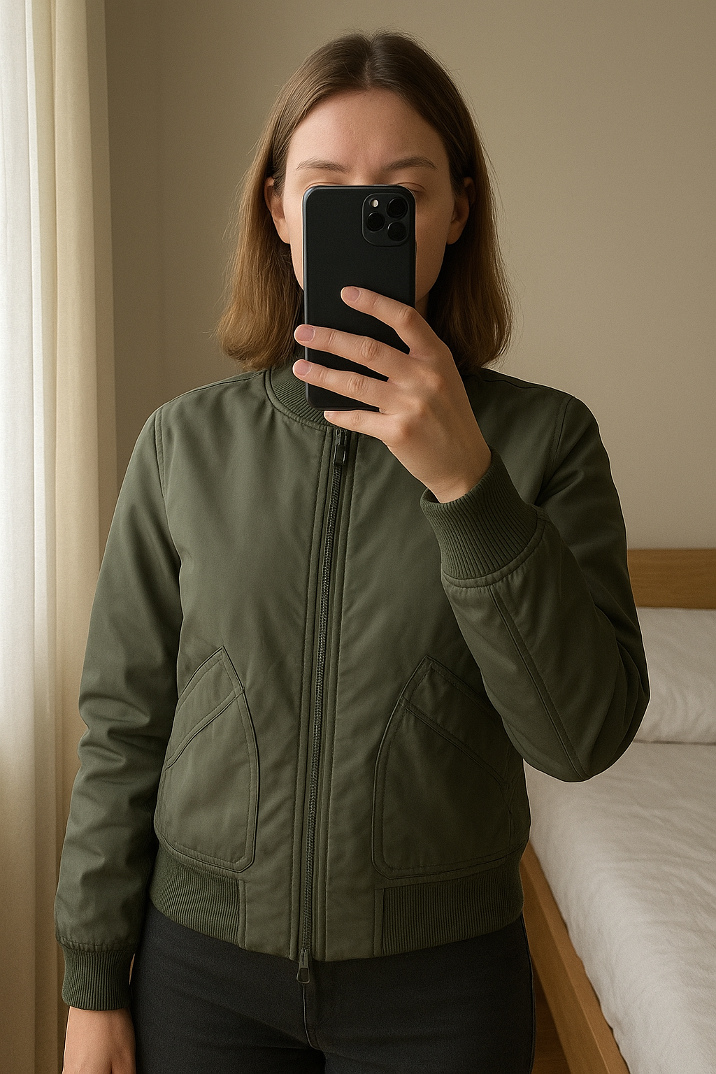 Bombers femme debout, face à la caméra, dans une chambre à la lumière douce, avec une lumière naturelle filtrant par la fenêtre.
