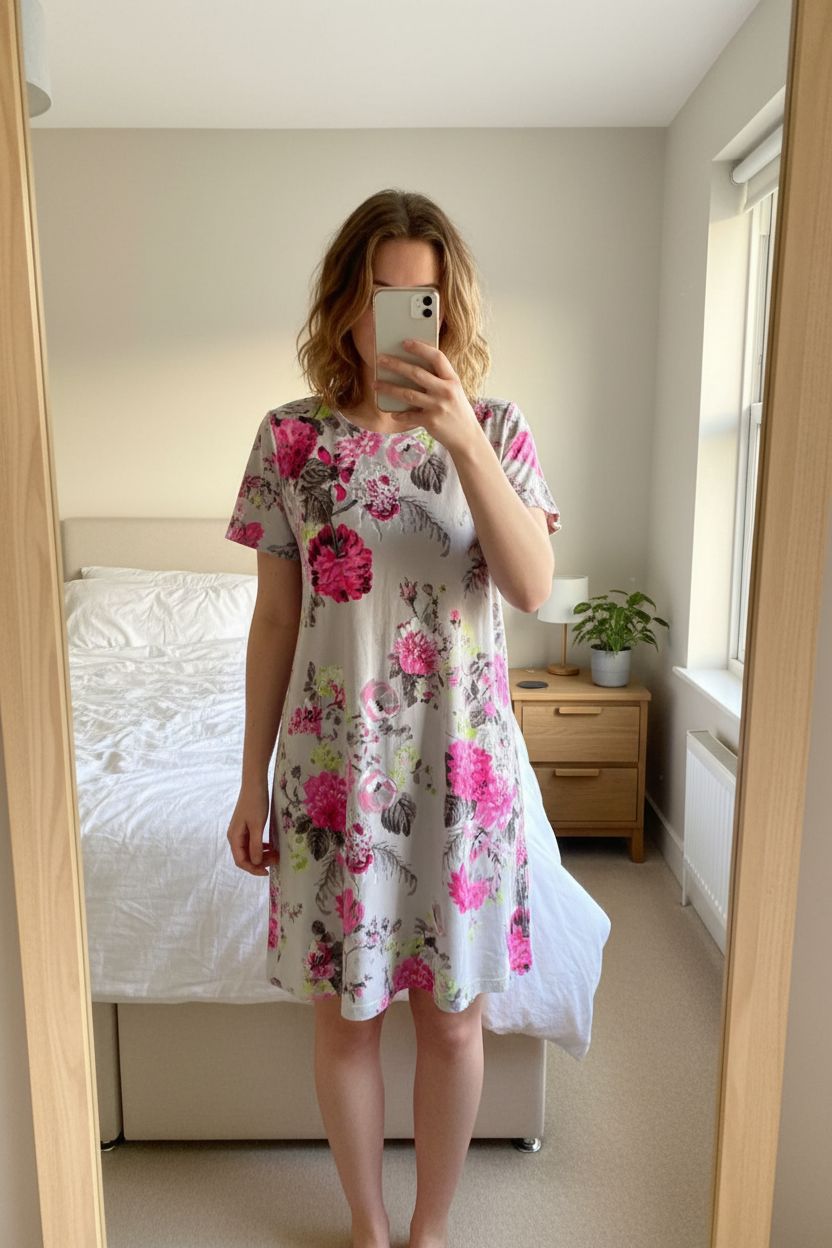 Joules floral shift dress UK12 pink grey short sleeve cottagecore summer holiday standing straight facing the camera, in a softly lit bedroom setting, with gentle natural light filtering through a window.