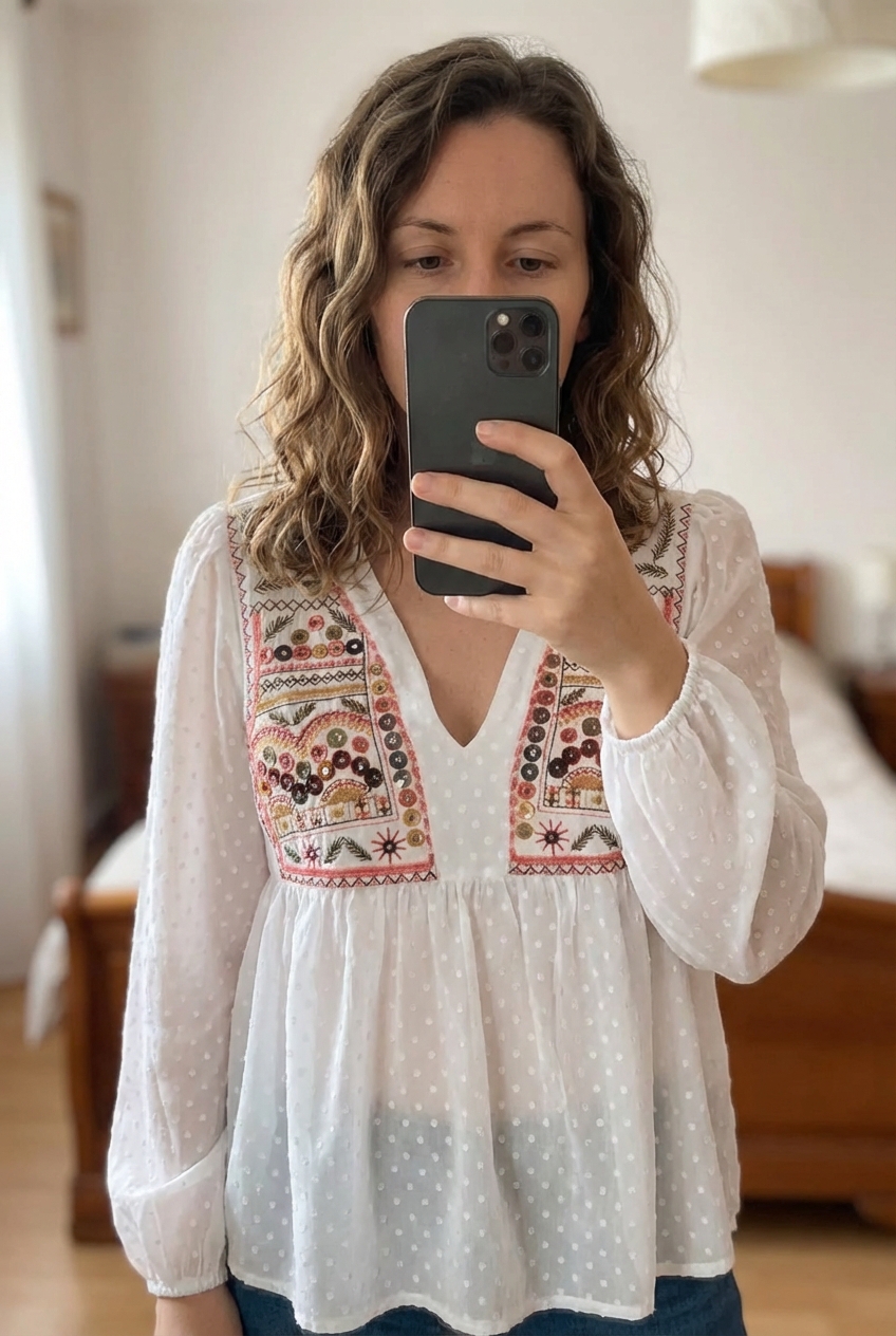 Blouse femme taille s debout, face à la caméra, dans une chambre à la lumière douce, avec une lumière naturelle filtrant par la fenêtre.