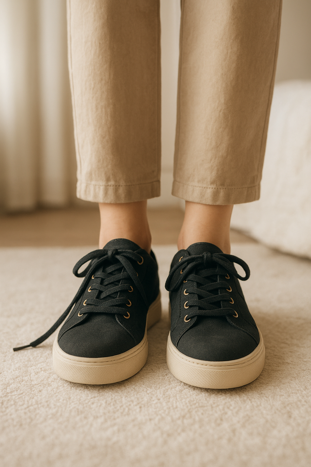 Kurt Geiger navy Laney Trainers 7 standing straight facing the camera, in a softly lit bedroom setting, with gentle natural light filtering through a window.
