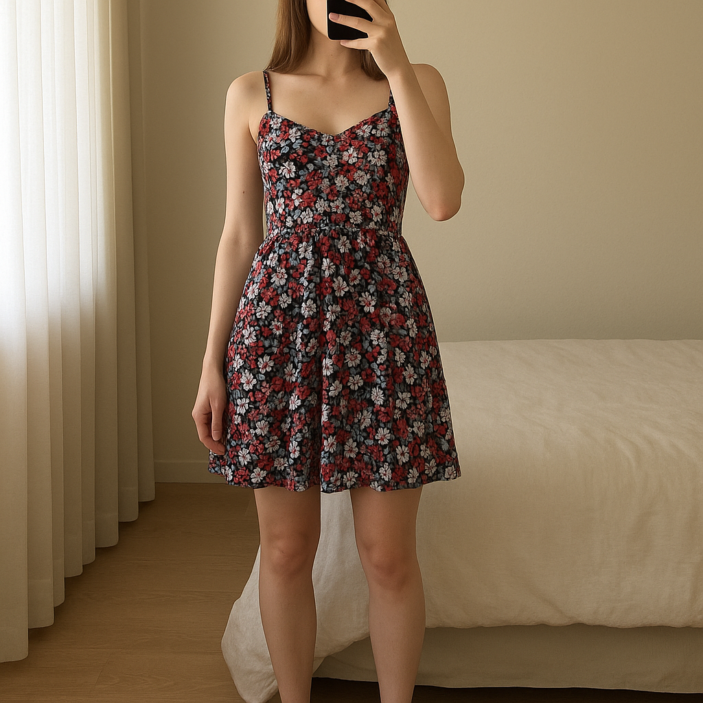 Floral Playsuit standing straight facing the camera, in a softly lit bedroom setting, with gentle natural light filtering through a window.
