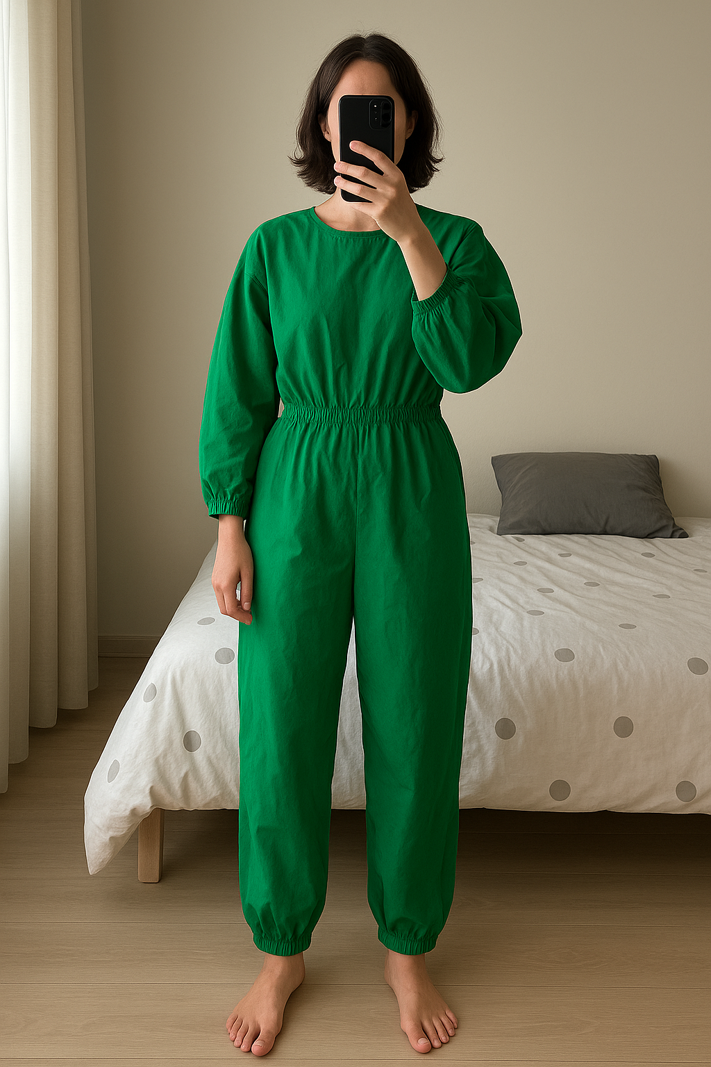 Tunique verte neuve Taille L debout, face à la caméra, dans une chambre à la lumière douce, avec une lumière naturelle filtrant par la fenêtre.