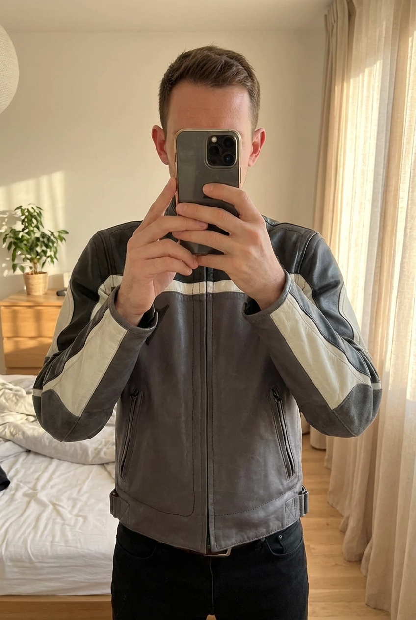 Blouson moto cuir Dainese homme – Taille M – Excellent état debout, face à la caméra, dans une chambre à la lumière douce, avec une lumière naturelle filtrant par la fenêtre.
