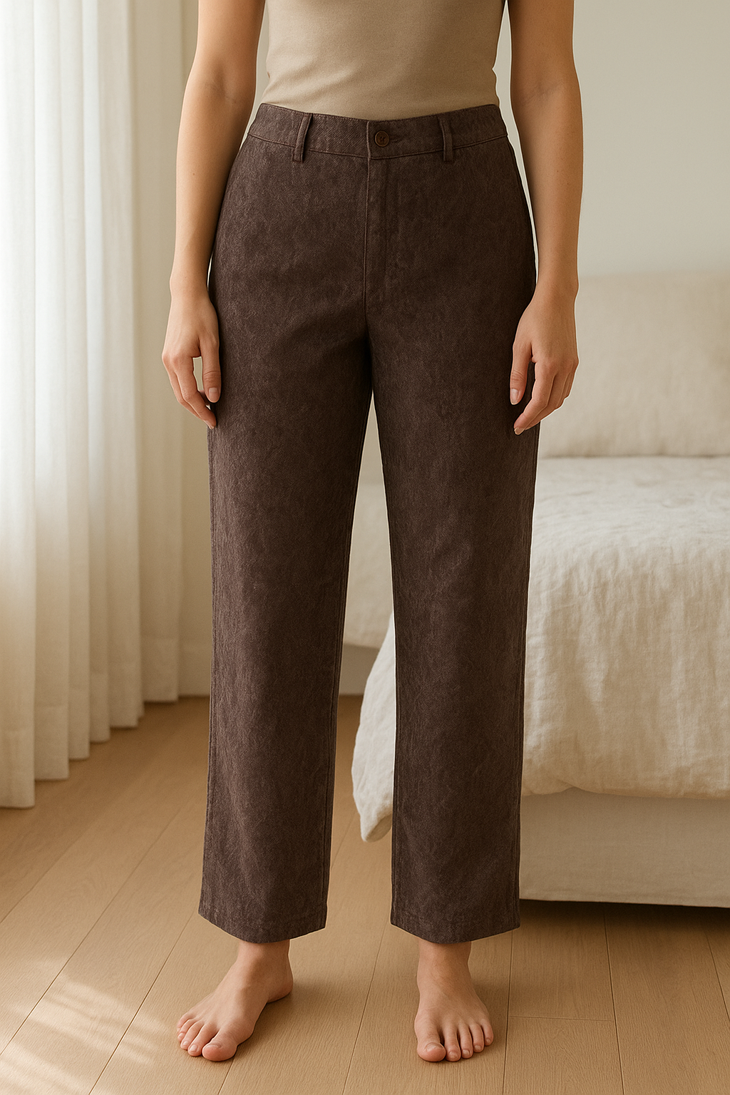 Pantalone Peserico marrone cangiante in stile pitonato size 46 in piedi, rivolto verso la fotocamera, in una camera da letto con luce soffusa e luce naturale che filtra dalla finestra.