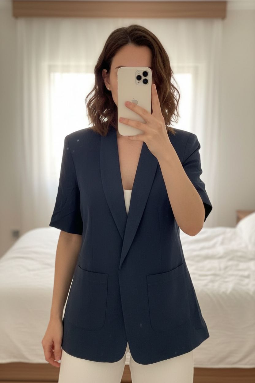 Veste blazer femme neuf avec étiquette debout, face à la caméra, dans une chambre à la lumière douce, avec une lumière naturelle filtrant par la fenêtre.
