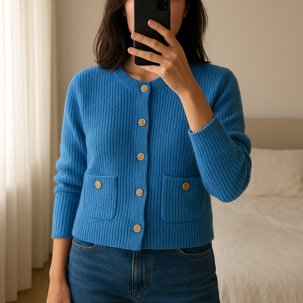 Cardigan in April 1986 taille unique très bonne état debout, face à la caméra, dans une chambre à la lumière douce, avec une lumière naturelle filtrant par la fenêtre.