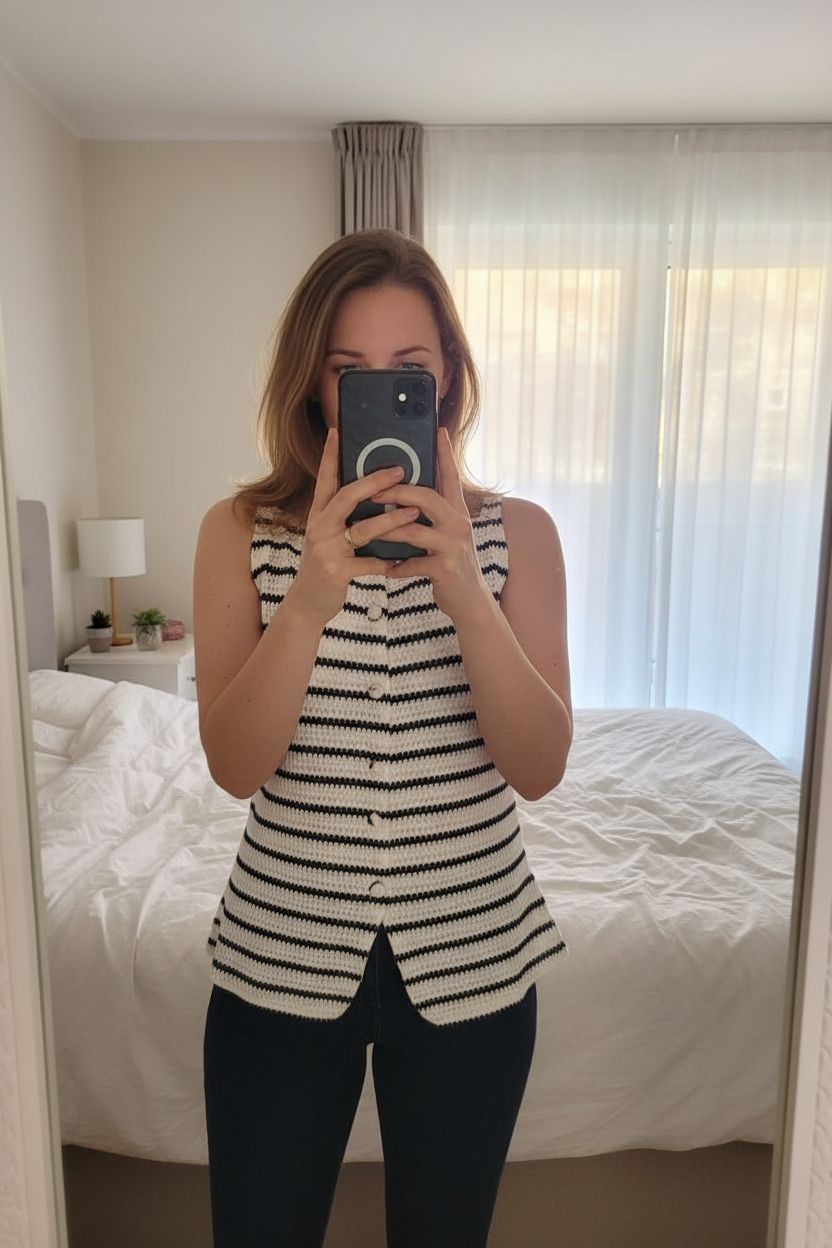 Eine Person in Schwarz-weiß gestreiftes Top strukturiert | mit Knöpfen | Größe L aufrecht stehend, der Kamera zugewandt, in einem sanft beleuchteten Schlafzimmer, mit natürlichem Licht, das durch ein Fenster fällt.