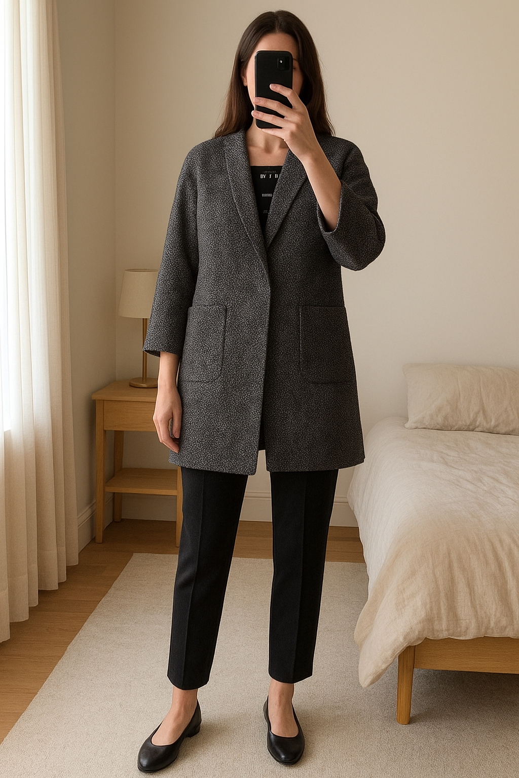 Cappotto oversize YNot aperto a vestaglia in piedi, rivolto verso la fotocamera, in una camera da letto con luce soffusa e luce naturale che filtra dalla finestra.