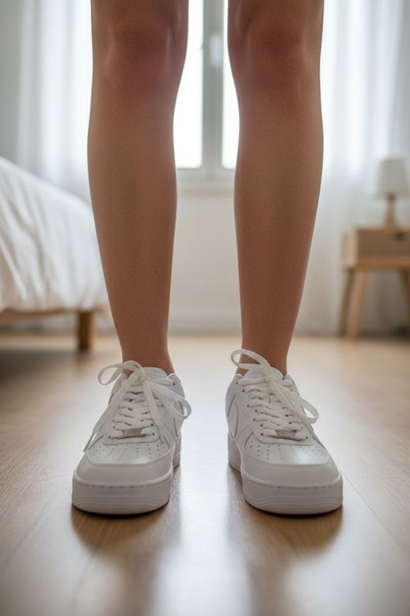 Basket Nike taille 40 debout, face à la caméra, dans une chambre à la lumière douce, avec une lumière naturelle filtrant par la fenêtre.