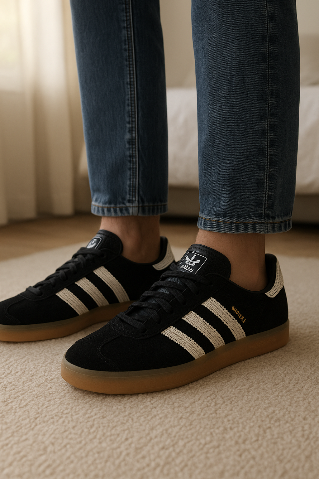 Adidas Gazelle Noir debout, face à la caméra, dans une chambre à la lumière douce, avec une lumière naturelle filtrant par la fenêtre.