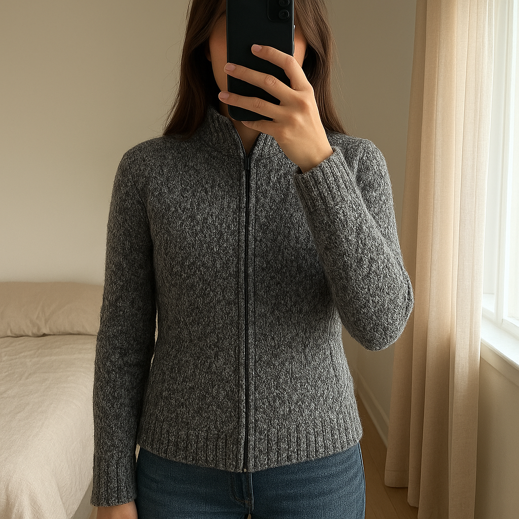 Veste Fullzip Fisherman Tricot Tommy Hilfiger Gris S debout, face à la caméra, dans une chambre à la lumière douce, avec une lumière naturelle filtrant par la fenêtre.