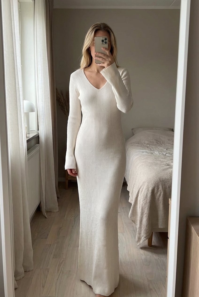 Robe longue Shein blanche Taille S/M 🤍 debout, face à la caméra, dans une chambre à la lumière douce, avec une lumière naturelle filtrant par la fenêtre.