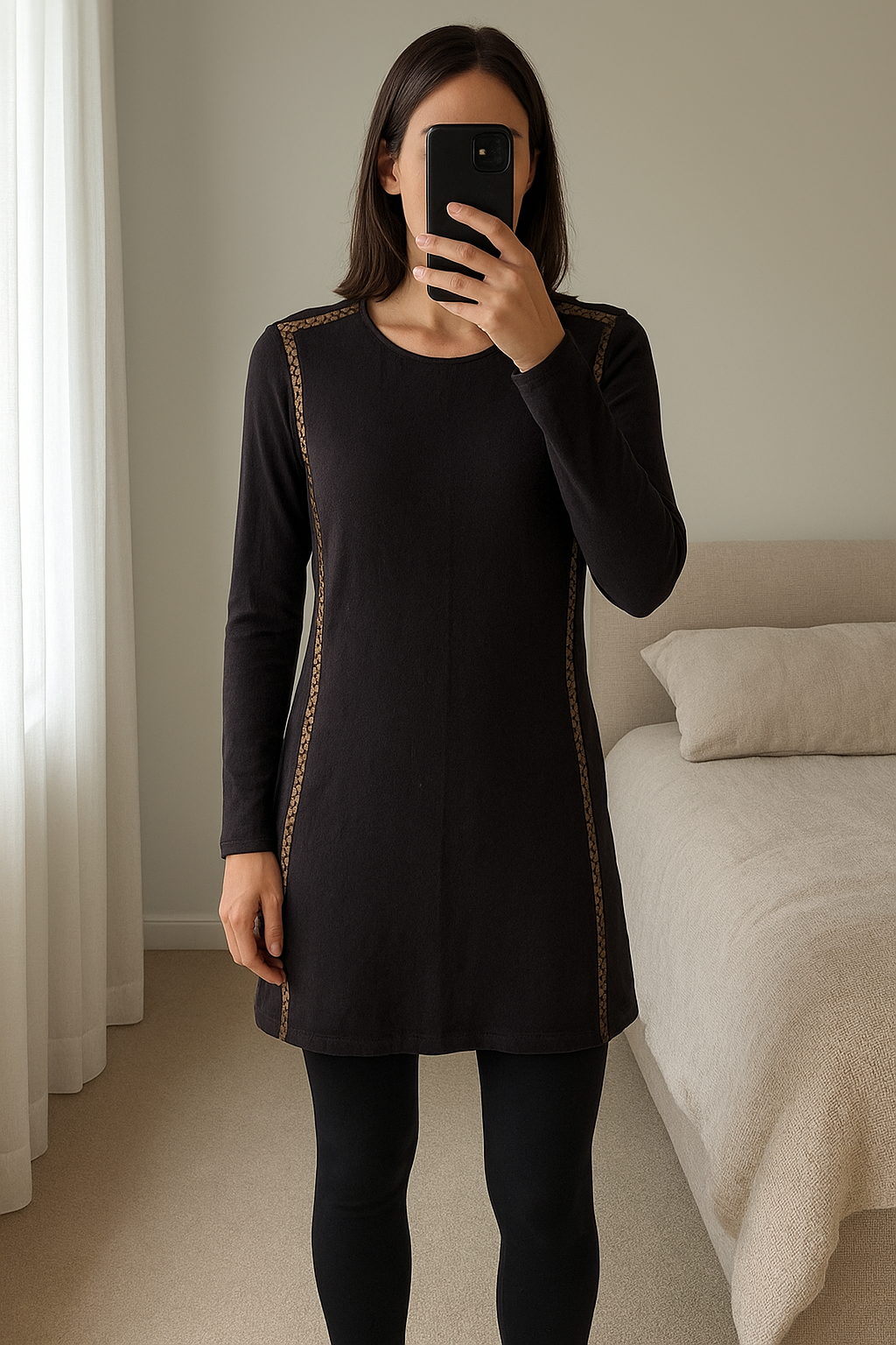 Robe noire Pepe Jeans debout, face à la caméra, dans une chambre à la lumière douce, avec une lumière naturelle filtrant par la fenêtre.