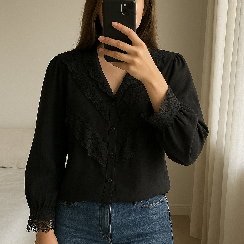 Chemisier noir à dentelle debout, face à la caméra, dans une chambre à la lumière douce, avec une lumière naturelle filtrant par la fenêtre.