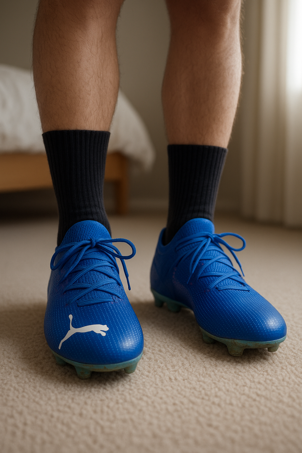 Crampons football debout, face à la caméra, dans une chambre à la lumière douce, avec une lumière naturelle filtrant par la fenêtre.