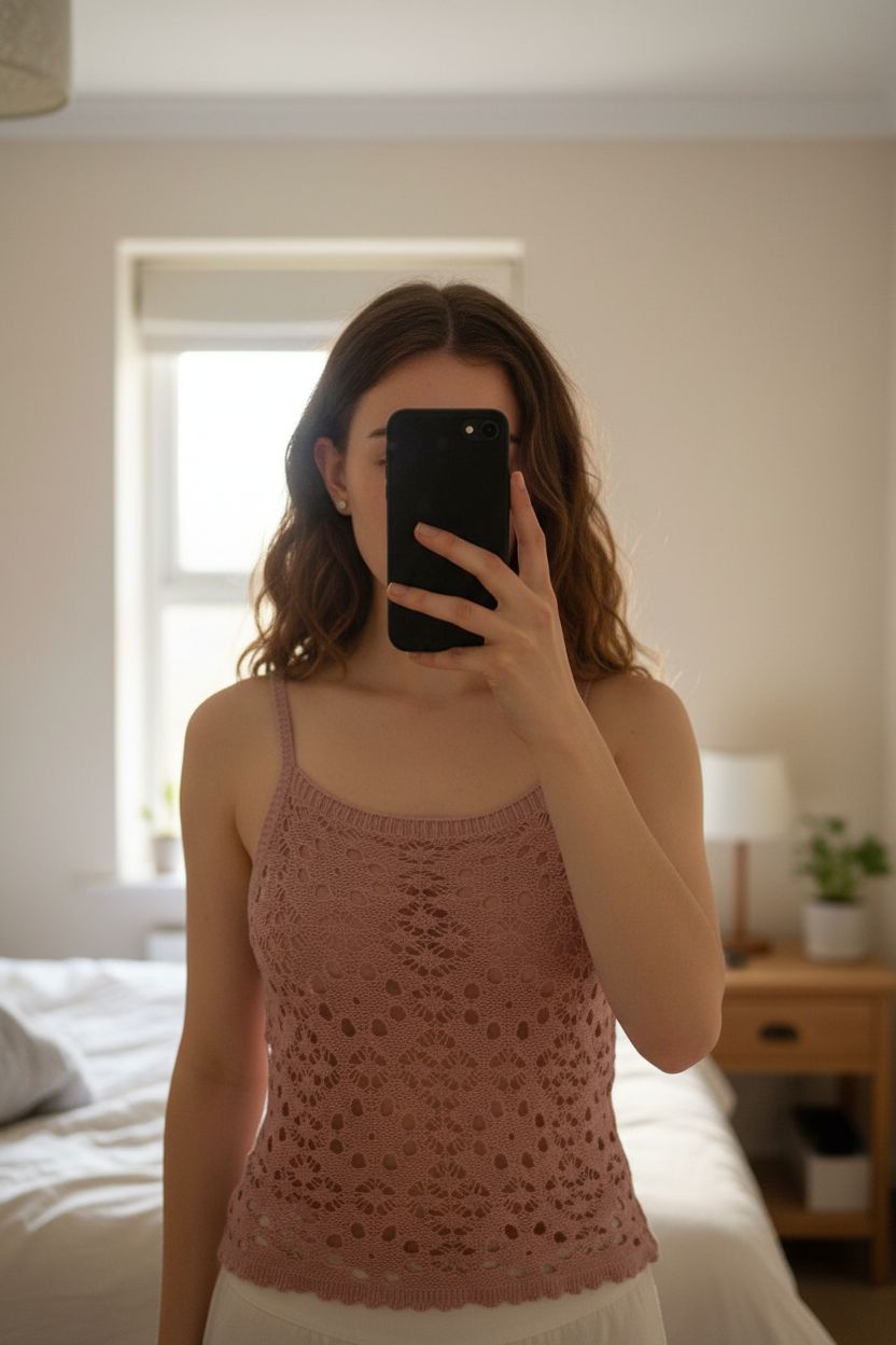 Motel Limu Cami Top Crochet Dusty Pink standing straight facing the camera, in a softly lit bedroom setting, with gentle natural light filtering through a window.