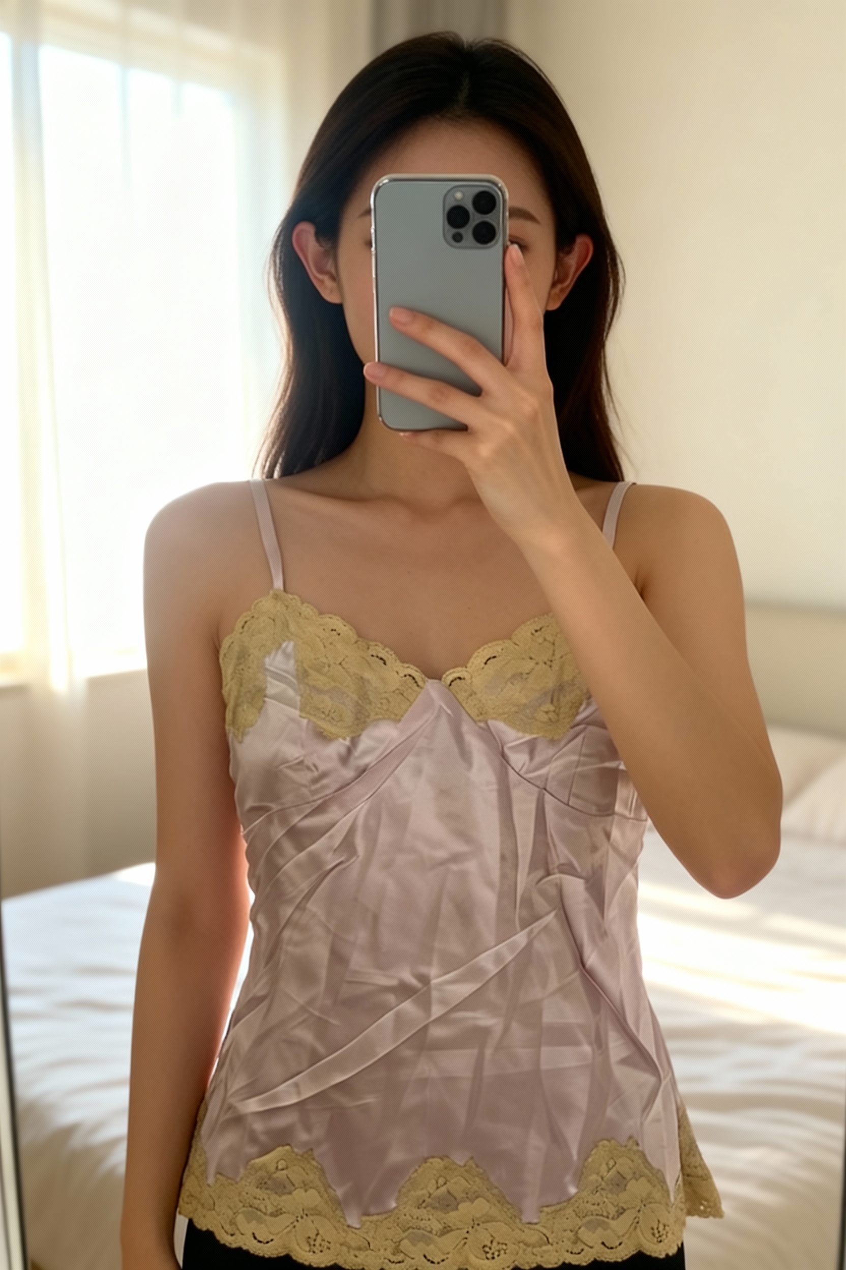 Vintage Y2K express design studio pink satin lace cami top standing straight facing the camera, in a softly lit bedroom setting, with gentle natural light filtering through a window.