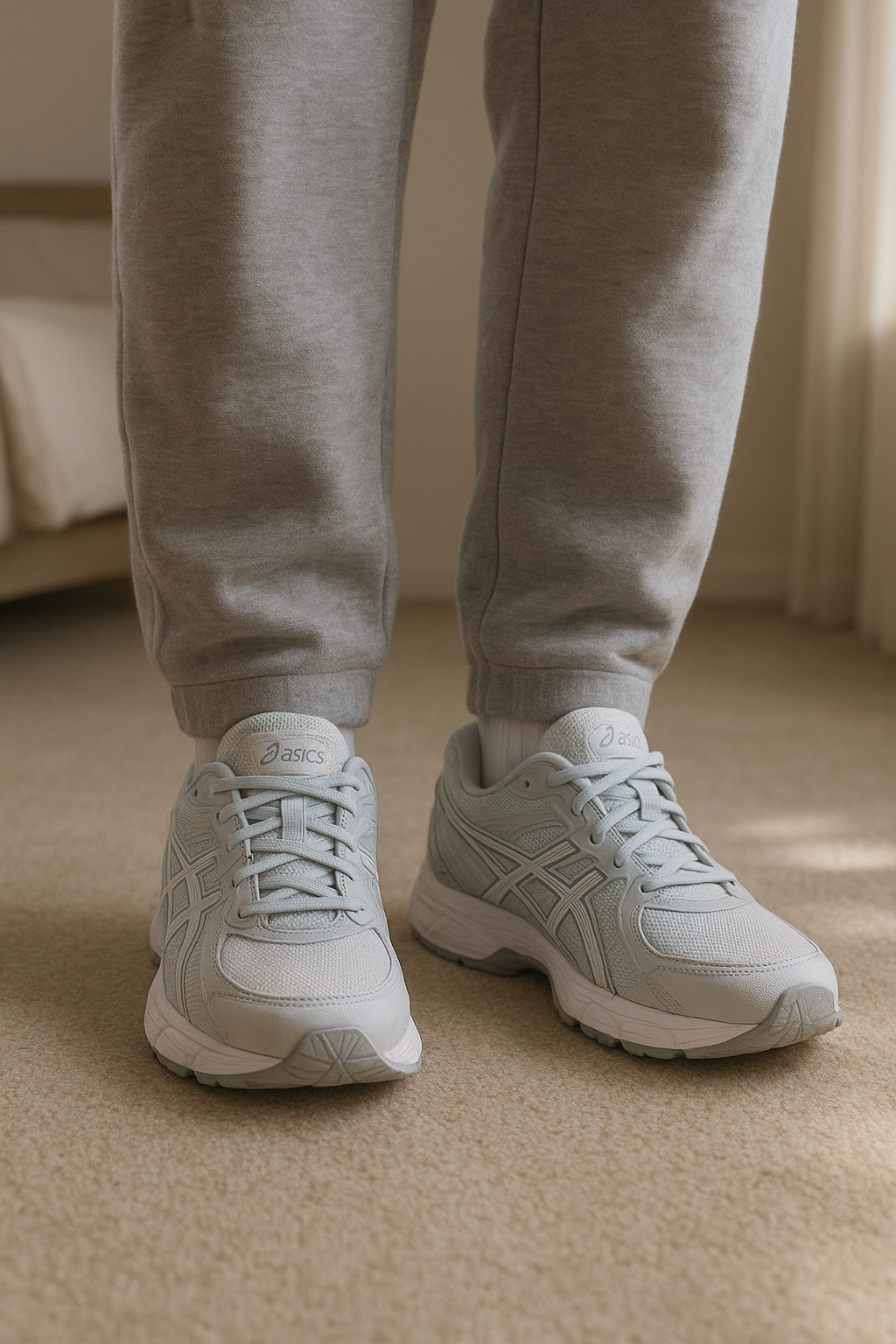 Asics gel nyc grise homme debout, face à la caméra, dans une chambre à la lumière douce, avec une lumière naturelle filtrant par la fenêtre.