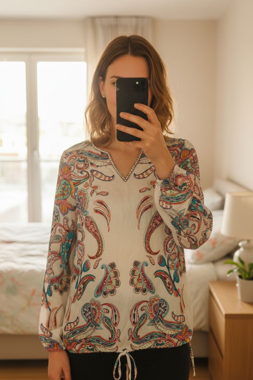Malvin Bluse Tunika creme Boho Paisley Perlen Viskose Seidenlook Gr 38 aufrecht stehend, der Kamera zugewandt, in einem sanft beleuchteten Schlafzimmer, mit natürlichem Licht, das durch ein Fenster fällt.