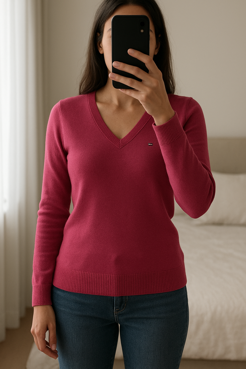 Pull Tommy Hilfiger rose framboise M debout, face à la caméra, dans une chambre à la lumière douce, avec une lumière naturelle filtrant par la fenêtre.